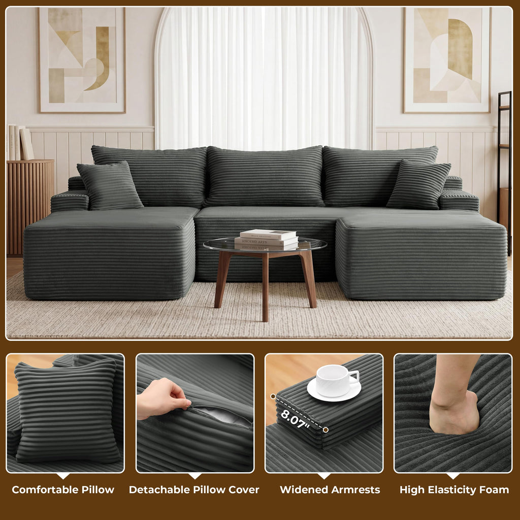 Boneless Sectional Couch, U Shaped Couches, Gray