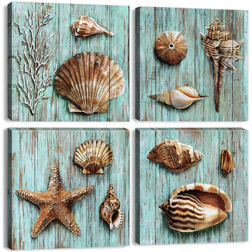 Teal Sea Shells Wall Art Nautical Seashell Bathroom Decor Vintage Coastal Wall Prints Rustic Beach Theme Pictures