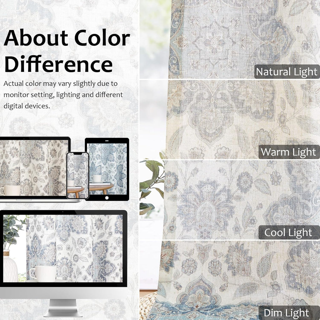 Navy Blue Floral Print Pinch Pleated Light Filtering Curtains with Microfiber Liner Linen Blended Textured Vintage