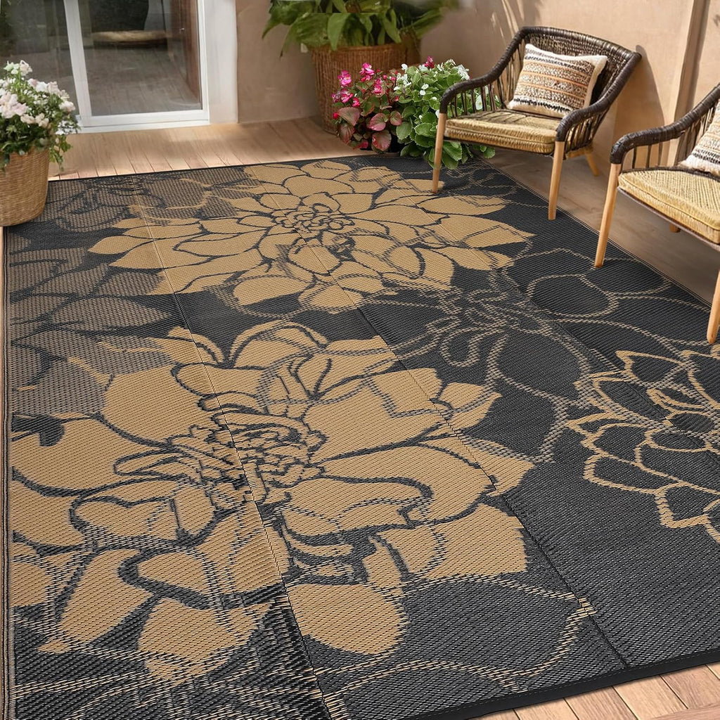 Outdoor Rug Reversible Modern Floral Patio Rug Waterproof & Washable Outside Carpet, UV Weather Resistant RV