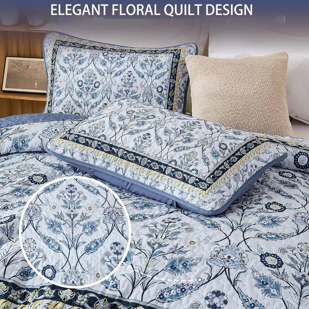 Queen Quilt Sets, Navy Blue Floral Quilt Set Queen 3 Pieces Boho Bedspread Coverlet Set with 2 Pillowcases Soft