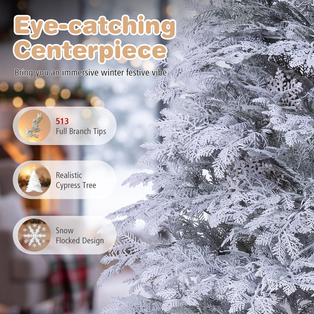 7FT Pre-lit Christmas Tree, Snow Flocked Artificial Christmas Tree