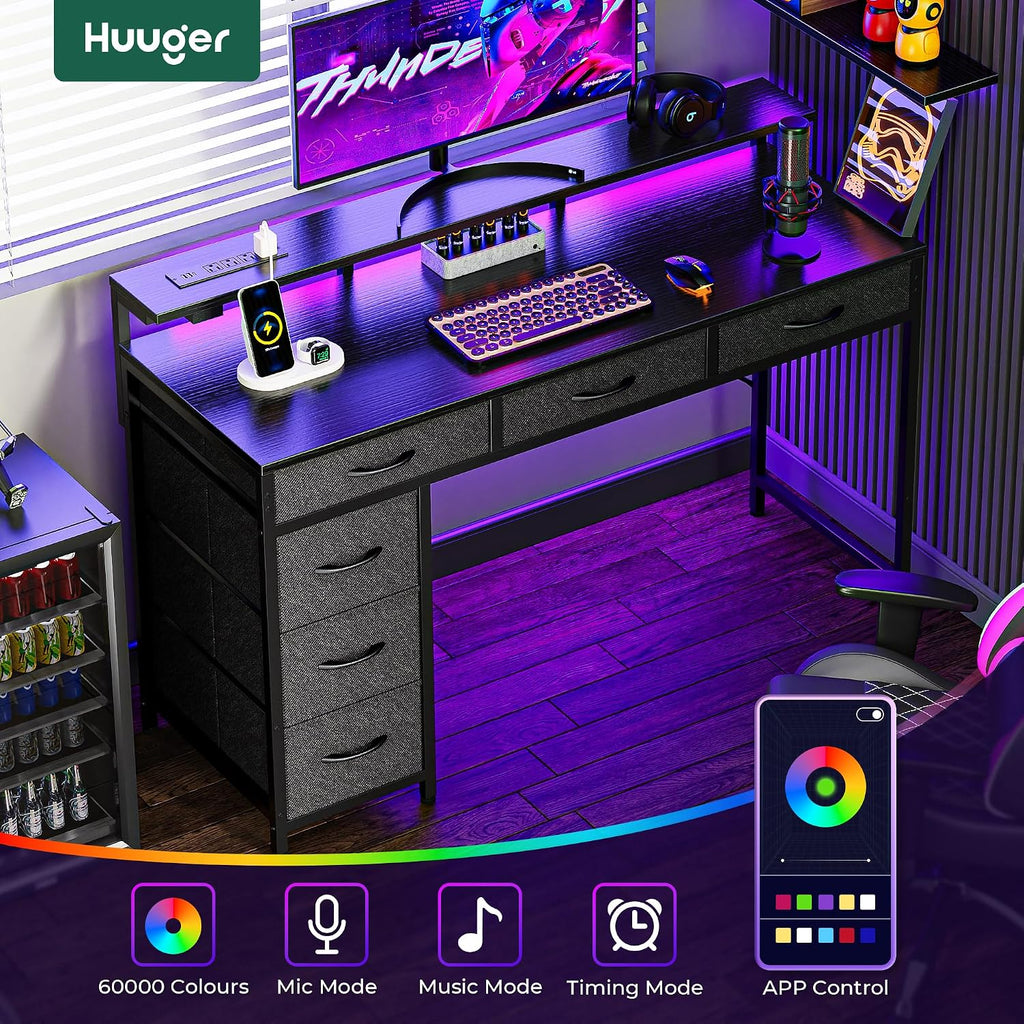 Gaming Desk with 6 Drawers, Computer Desk with LED Lights Power Outlets and Type-C, 47 Inch Office Desk with Storage