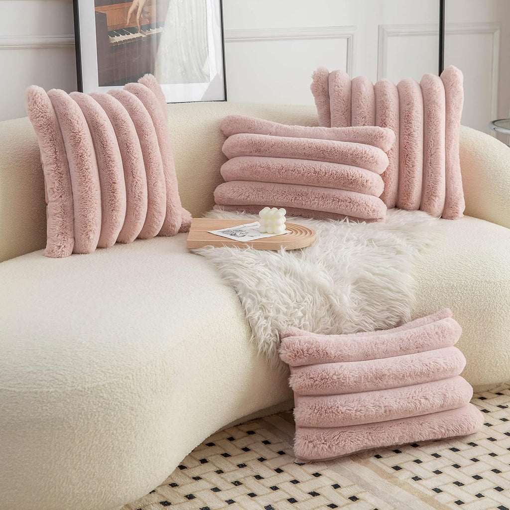 Pink Faux Fur Cozy Soft Striped Decorative Throw Pillow Covers 18x18 inch Set of 2,Velvet Pillowcase Cushion Case