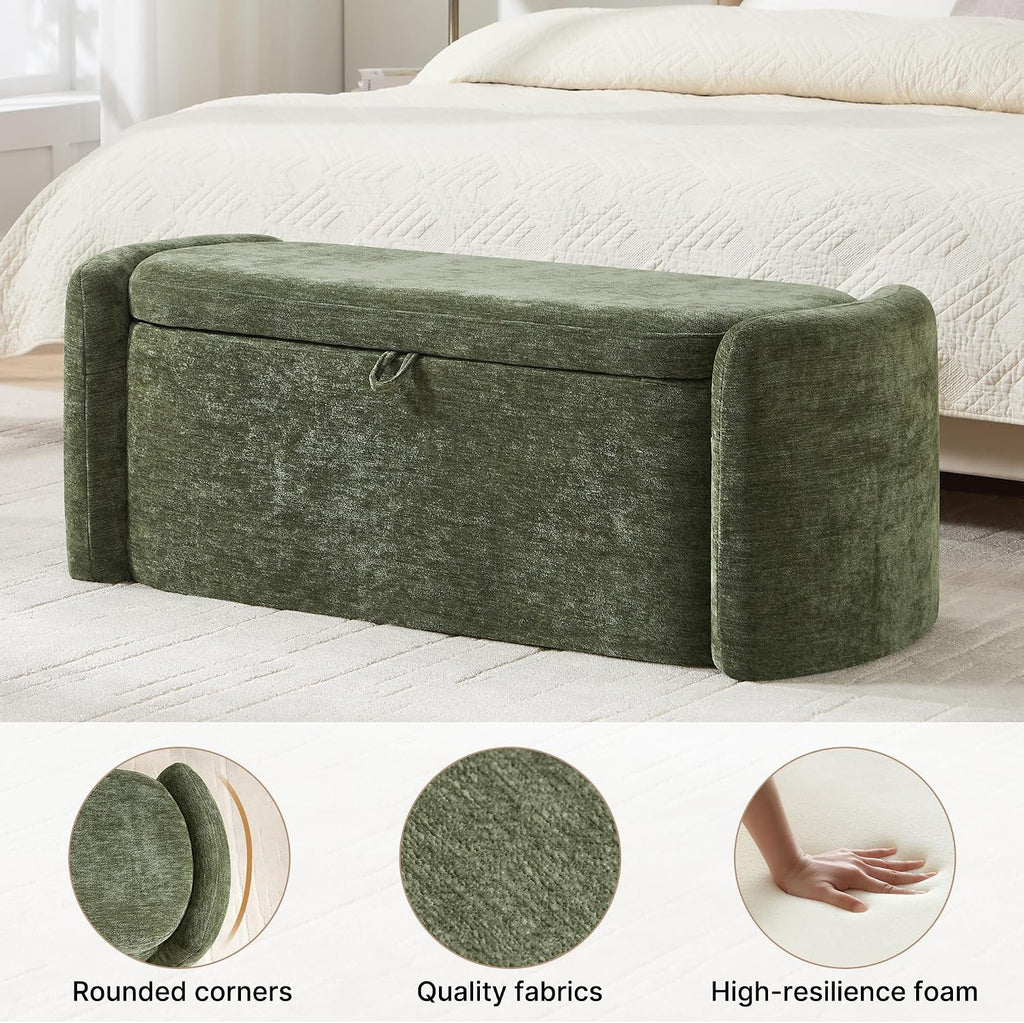 Oval Ottoman Bench with 20 Gal of Storage Space Upholstered Chenille Seat End of Bed Storage Bench Storage Ottoman