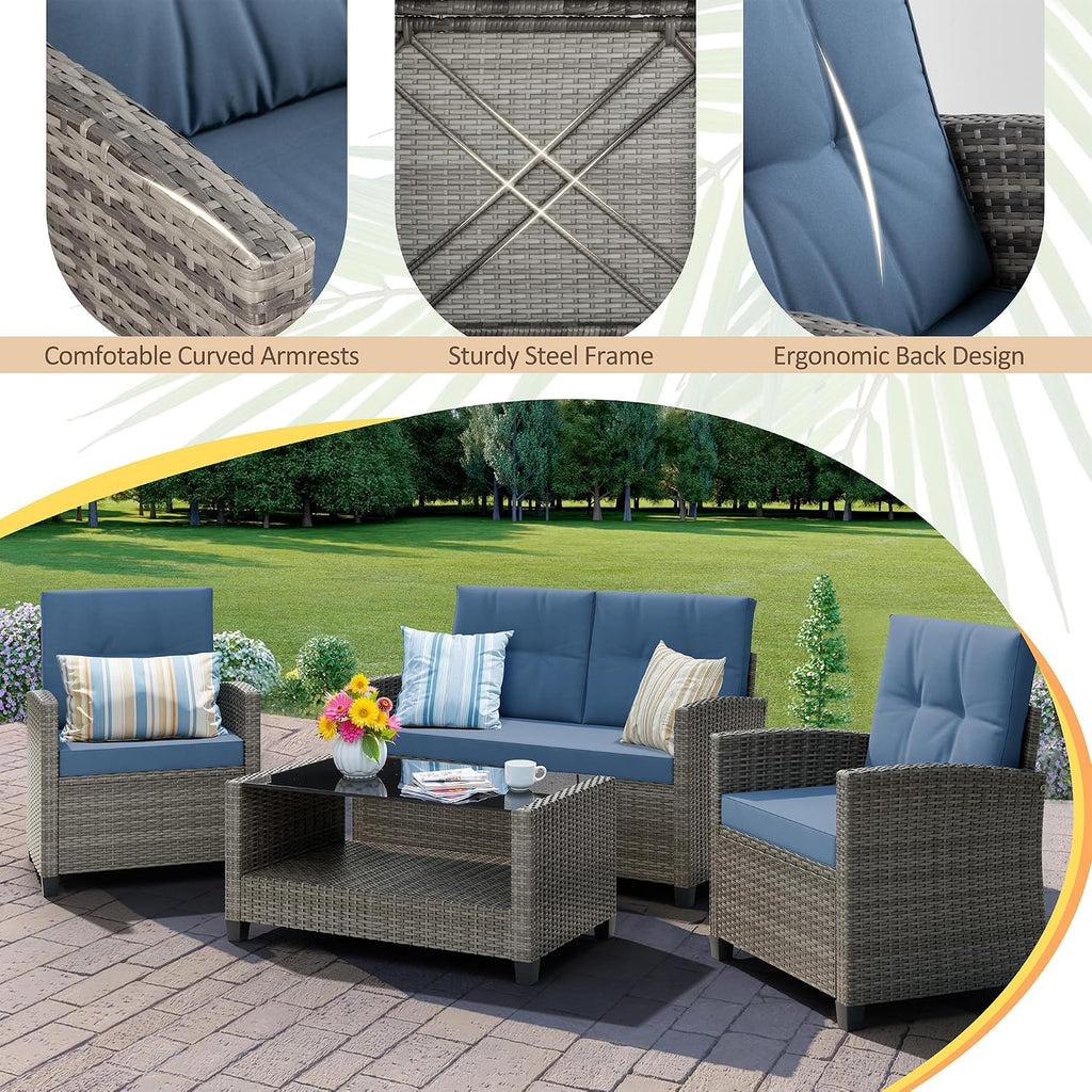 4 Piece Patio Furniture Set, Outdoor Rattan Conversation Set with Coffee Table, Outside Wicker Sectional Sofa Couch