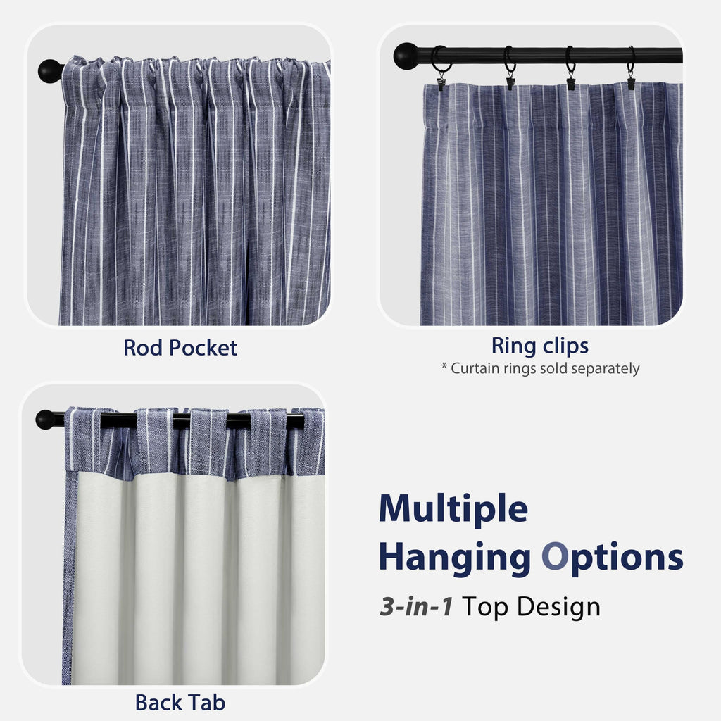100% Blackout Linen Hygge Striped Curtains, 84 Inches, Navy