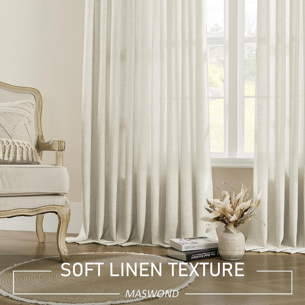 Faux Linen Pinch Pleated Curtain, Extra Long Pinch Pleat Semi Sheer Drapes with Hooks for Traverse Rod, Light