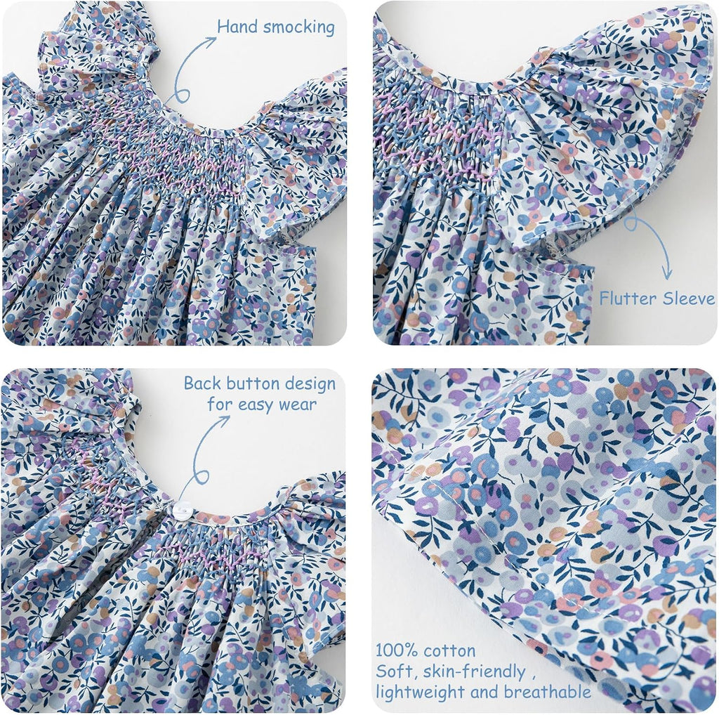 Baby Girl Smocked Dress Summer Casual Short Sleeve Dresses Floral Print Sundress Princess Dress for Toddlers