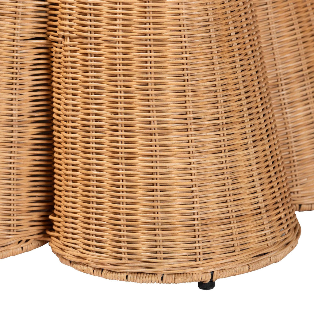 Palm Scallop Natural Rattan Ottoman with Cushion - Handwoven Wicker Accent Bench or Footrest, or Sunroom Decor