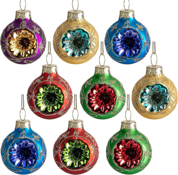 Christmas Glass Reflector Ball Ornament, 1.6'' Hanging Decoration - Set of 9
