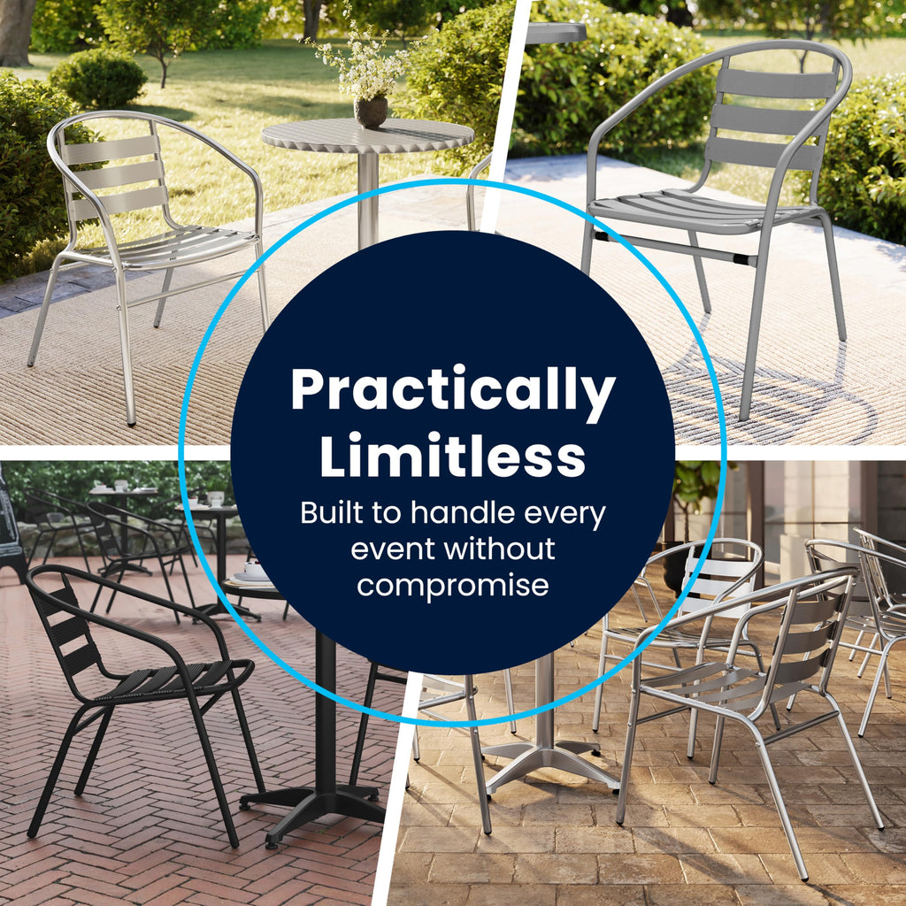 Lila 4 Pack Commercial Aluminum Indoor-Outdoor Restaurant Stack Chair with Triple Slat Back and Arms