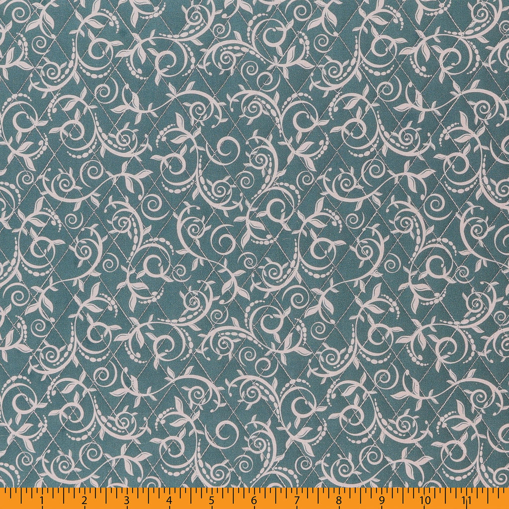 Double Faced Quilted Cotton, Scroll Vine/Plaid Dk Teal