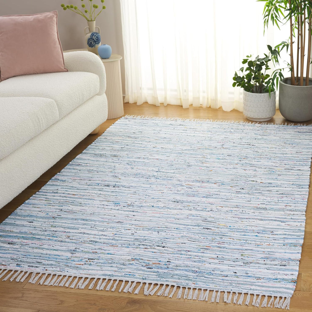 Rag Rug Collection Area Rug - 5' x 7', Light Blue & Multi, Handmade Boho Stripe Cotton, Ideal for High Traffic Areas