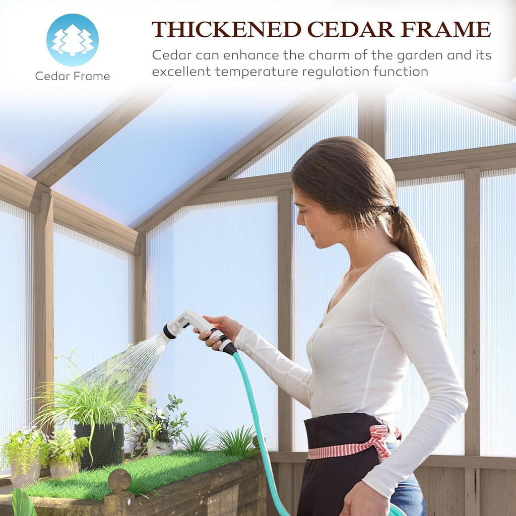 8x16 FT Greenhouse for Outdoor, 6MM Thick Polycarbonate Panel Wooden Walk-in Green House with Adjustable Roof Vents
