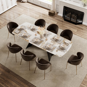 Sintered Stone Dining Table, Extendable Dining Table with Leaf, 65"-95" Rectangular Marble-Look Top, Seats 6-12