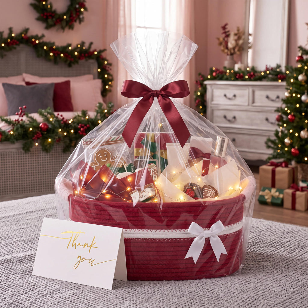 Christmas Empty Gift Basket with Handles, Red, White