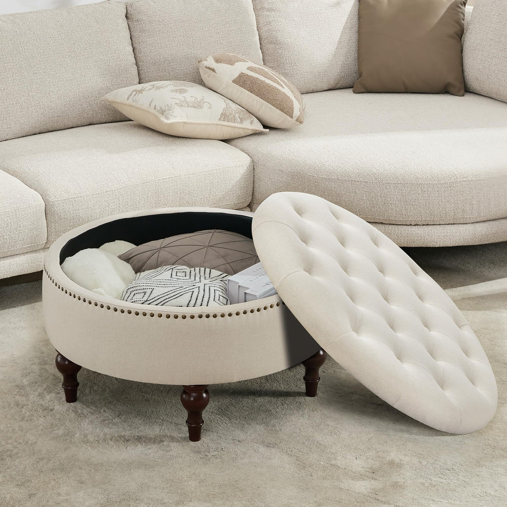 31.5" Round Storage Ottoman, Tufted Linen Coffee Table, Beige