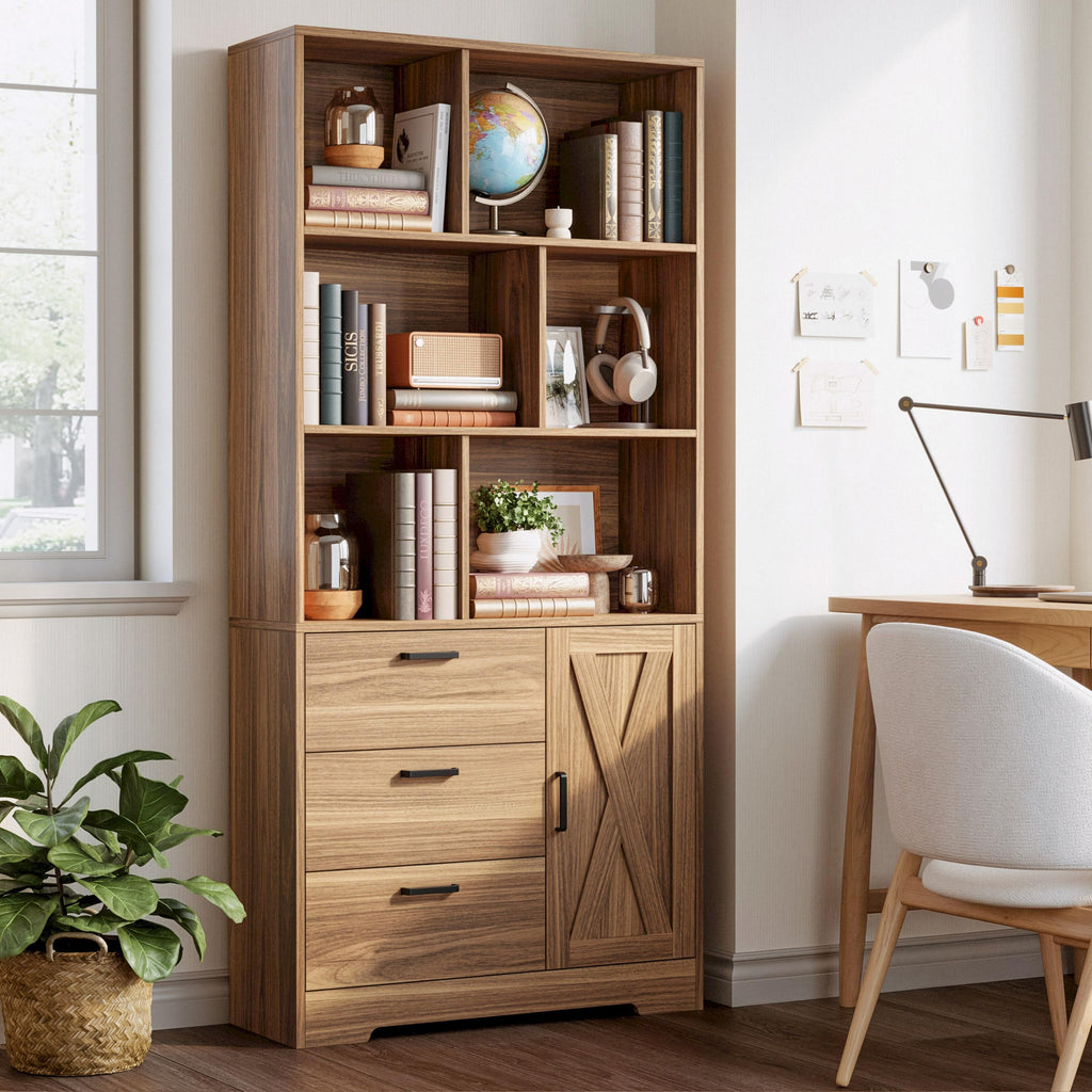 70.9-Inch Bookcase with Doors and 3 Drawers, Oak Brown