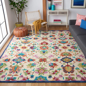 Aspen Area Rug - 9' x 12', Ivory & Blue, Handmade Boho Floral Wool
