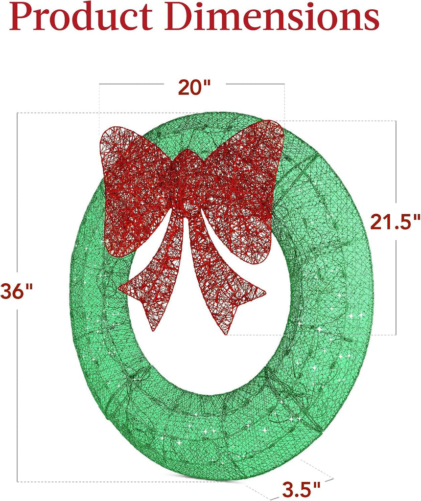 36in Pre-Lit Outdoor Christmas Wreath Decoration, LED Metal Holiday Decor w/ 120 Lights, Bow - Green/Red