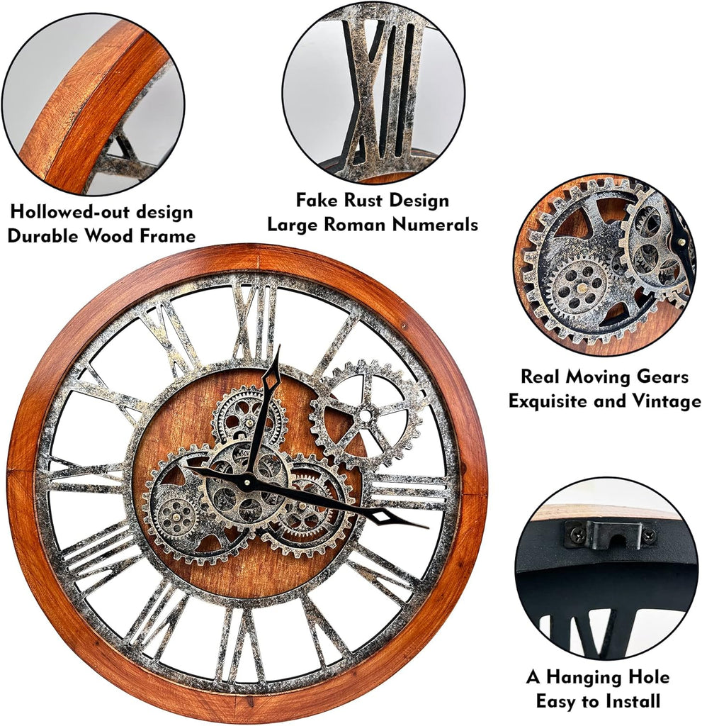 The B-Style Large Wall Clock 24 inch Moving Gear Wall Clock Oversized Vintage Farmhouse Wall Clocks for Living Room