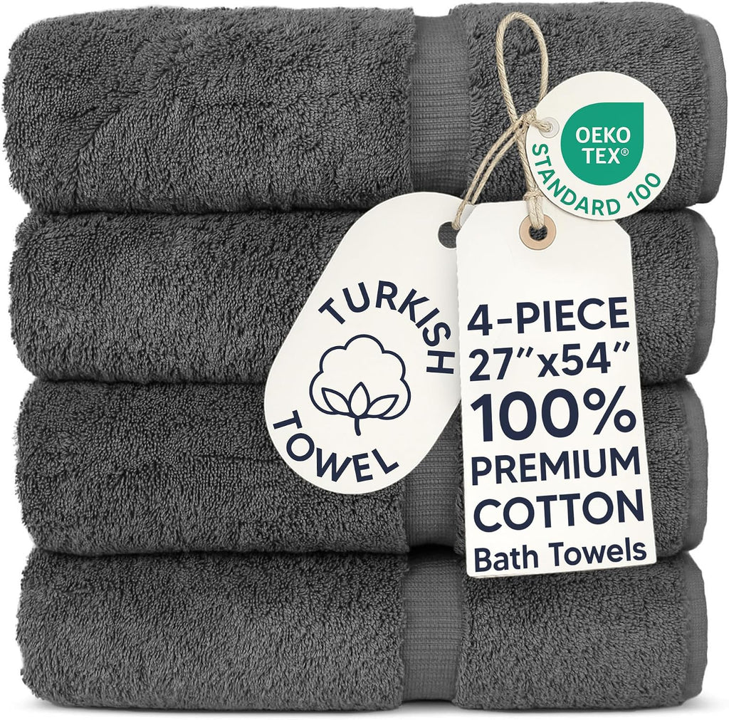 4 Piece Large Bath Towels, 100% Cotton Turkish Towels , Luxury Soft Absorbent Bath Towel Set, 27 x 54 Inches, Dark