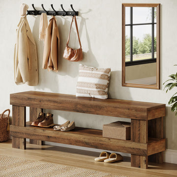 Farmhouse Entryway Bench, Rustic Brown 59-Inch Long Shoe Bench Seat with Open Storage Shelf, 2-Tier Narrow End of Bed