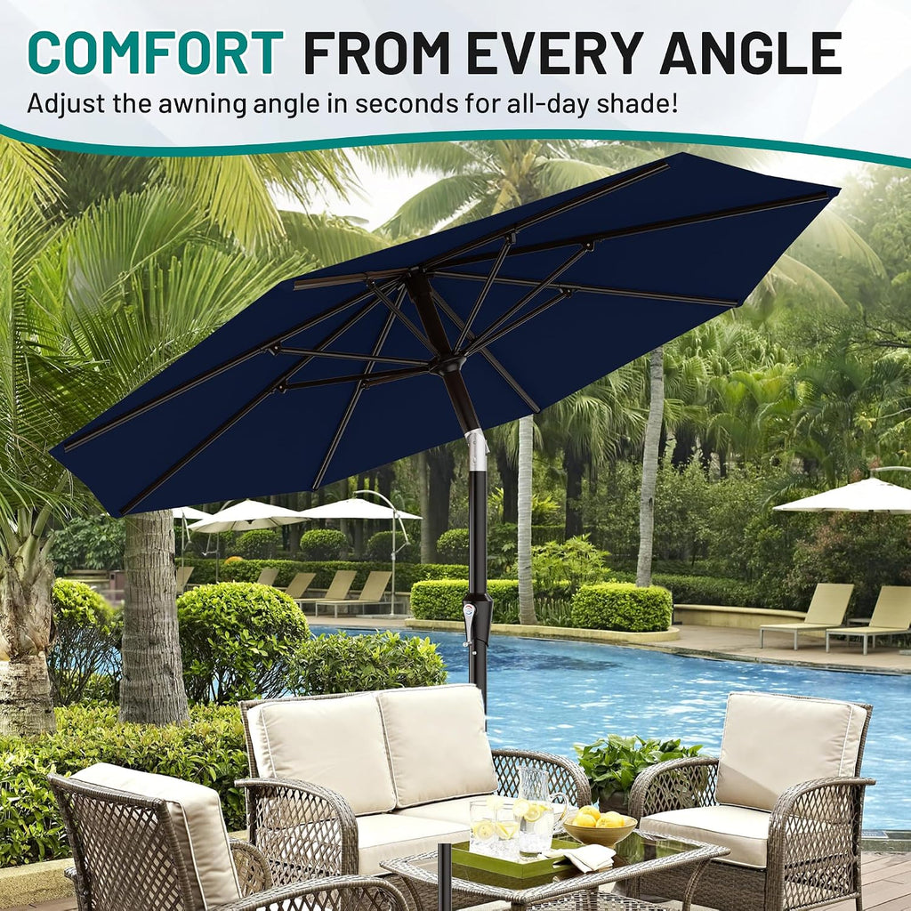 9 FT Patio Umbrella Umbrella with Push Button Tilt and Crank, Outdoor Patio Umbrellas with 8 Sturdy Ribs Pool (Navy)