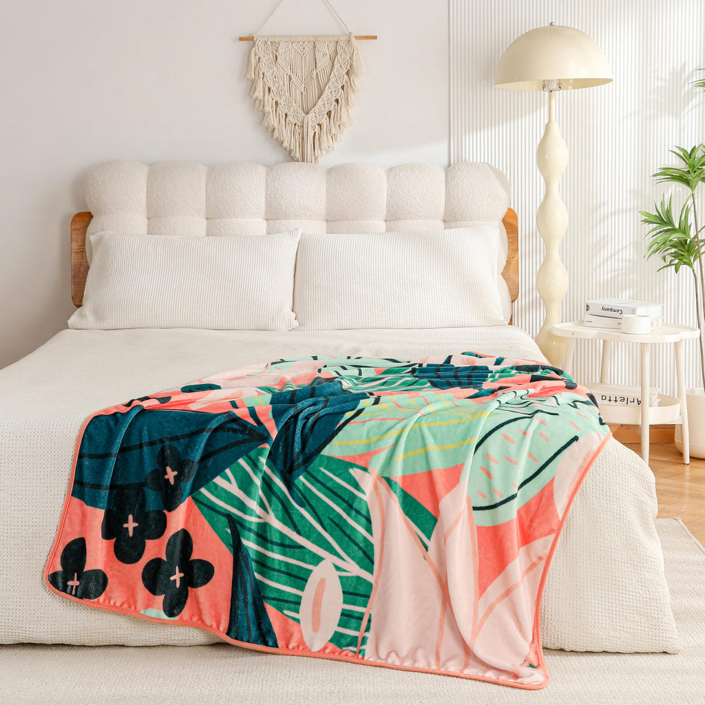 Boho Floral Flannel Fleece King Size Blanket - Soft, Warm & Lightweight Fuzzy Blanket for Couch, Bed, or Sofa Decor