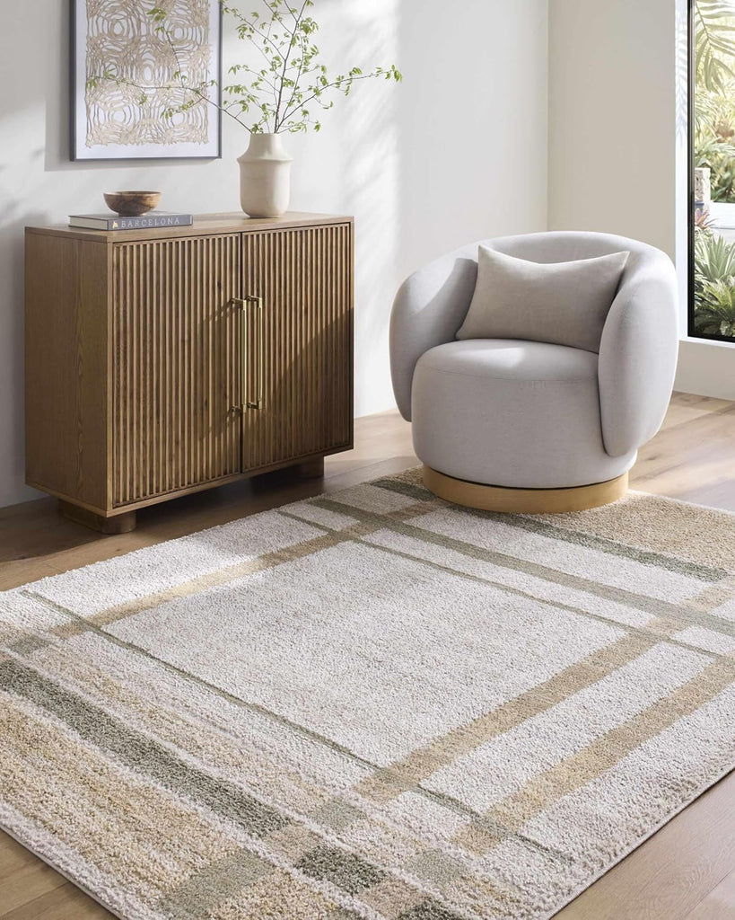 Harini Living Room, Bedroom Area Rug - Plaid Striped Geometric Border - Bohemian Transitional Modern Contemporary