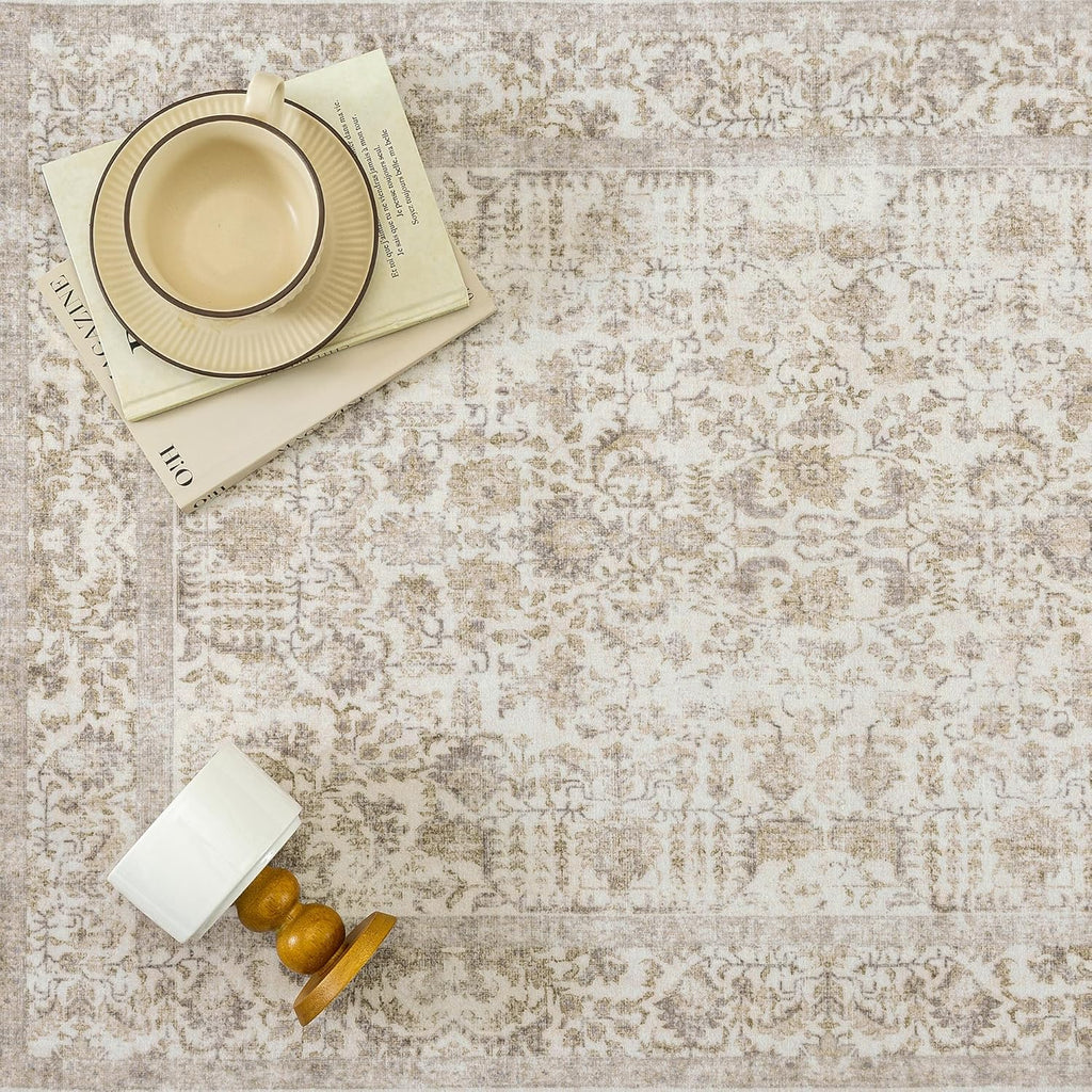 Light Brown Area Rug 9x12 Machine Washable Large Vintage Living Room Distressed Non Slip Carpet Trad
