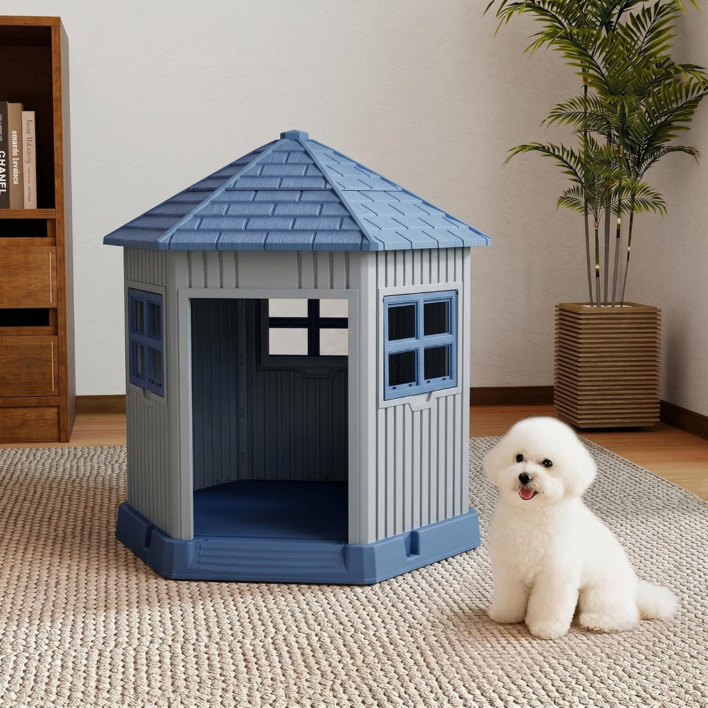 Dog House Indoor Outdoor Durable Large Dog Shelter with Outside Dog Kennel with Window and Elevated Floor for Small