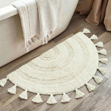 Half Circle Boho Bathroom Rugs with Tassels 100% Cotton Hand-Woven
