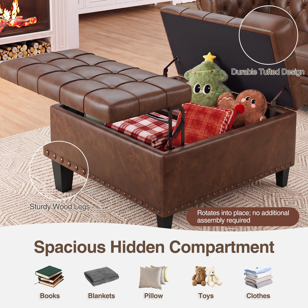 31.5 Inch Large Square Ottoman with Storage, Faux Leather