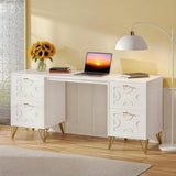 White and Gold Computer Desk, 59'' Modern Writing Table with File Drawers