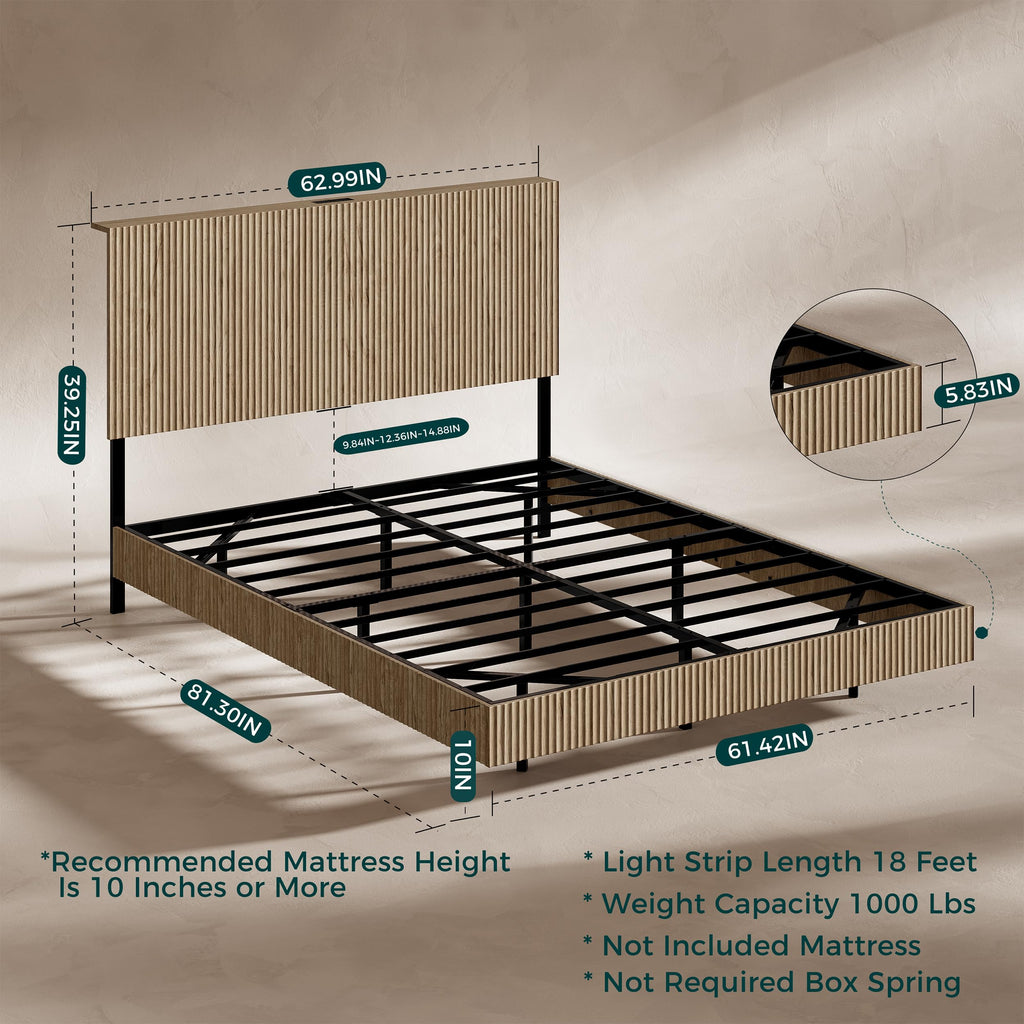 Oak Queen Floating Bed Frame with Headboard & Charging Station