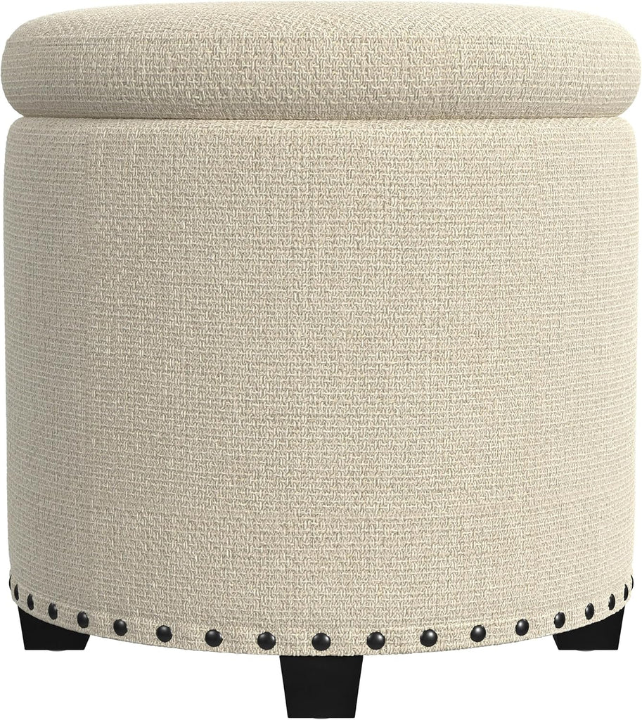 18.5" Round Storage Ottoman with Nailheads - Cream Woven