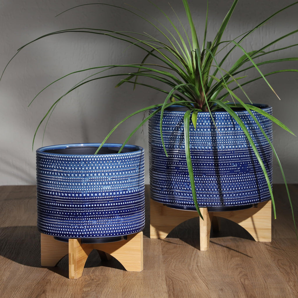Dotted Decorative Planter Pot with Wood Stand - Ceramic Stoneware Outdoor & Indoor Plant Pot with Drainage Holes