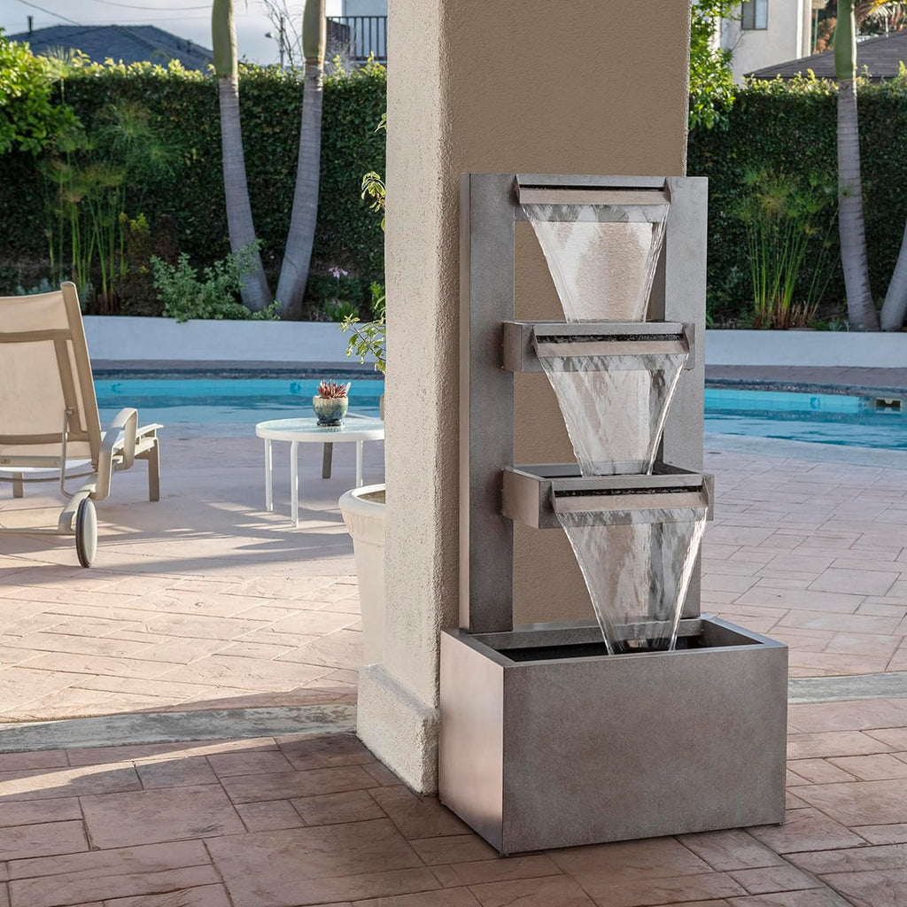 43" Tall Multi-Tier Waterfall Fountain - Industrial Style Water Feature, Relaxing Water Flow, and Serene Landscaping