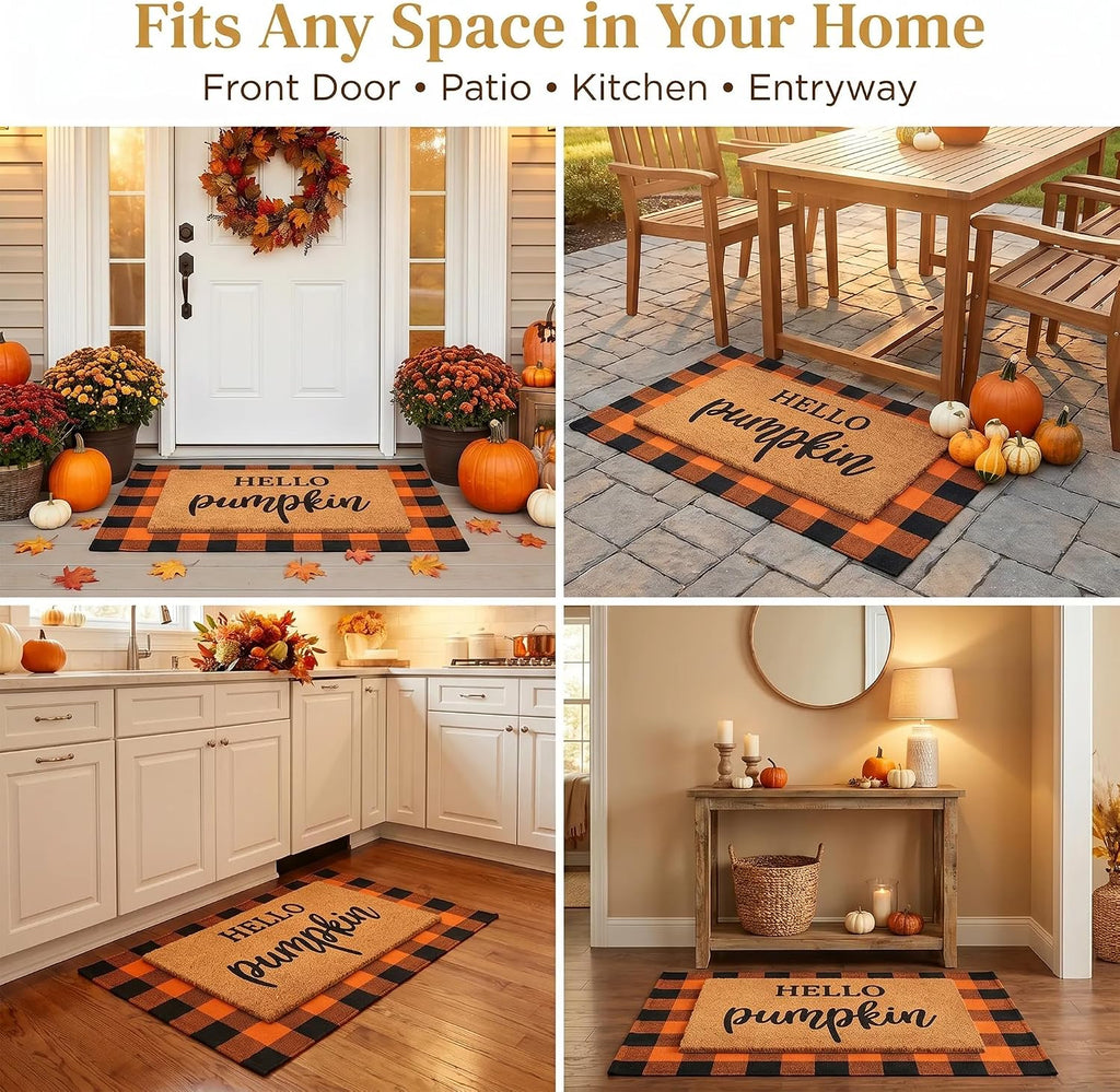 Fall Decor Door Mat Combo Set, 100% Coco Coir Welcome Mat + 28 x 43 Inches Orange and Black Plaid Rug- Fall - Set of 2