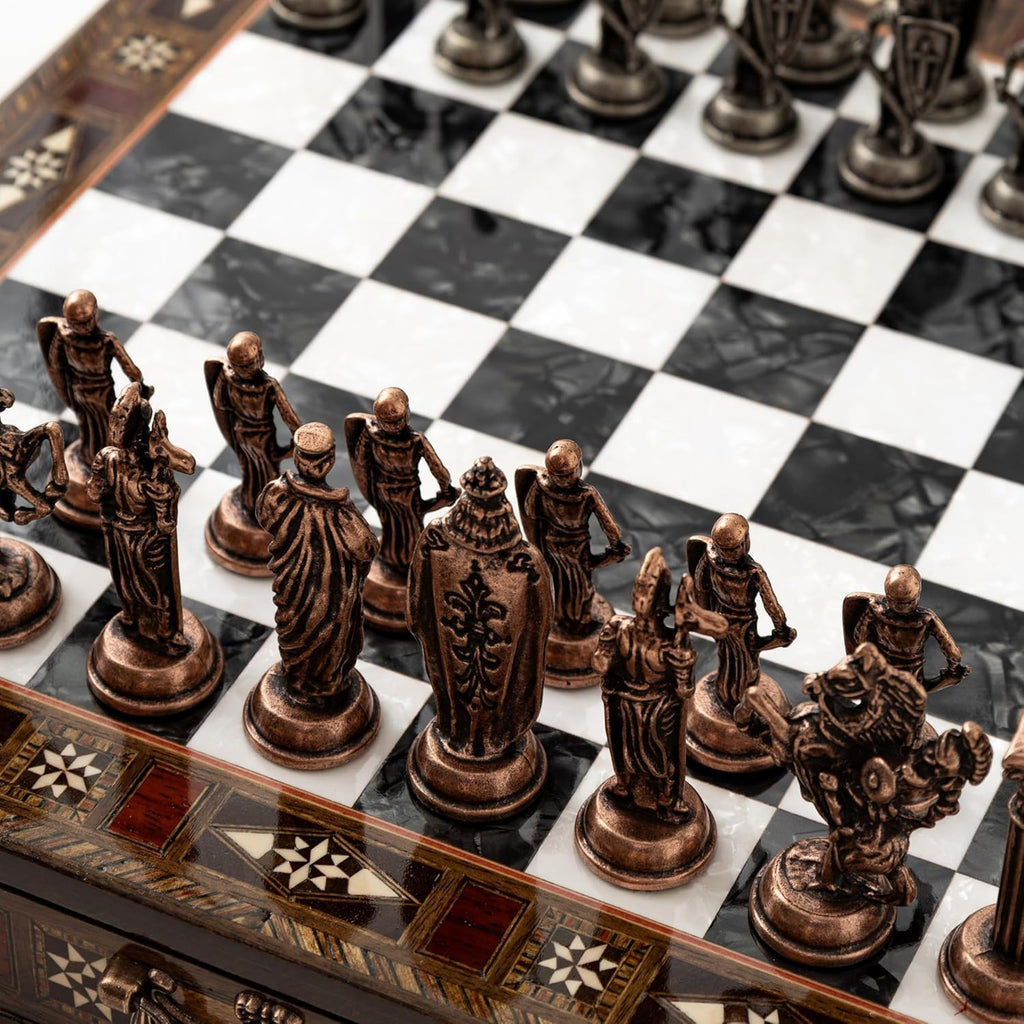 Luxury Handmade Wooden Chess Set with Metal Pieces - 12.2'' Decorative Storage Chess Board - British Themed Chess