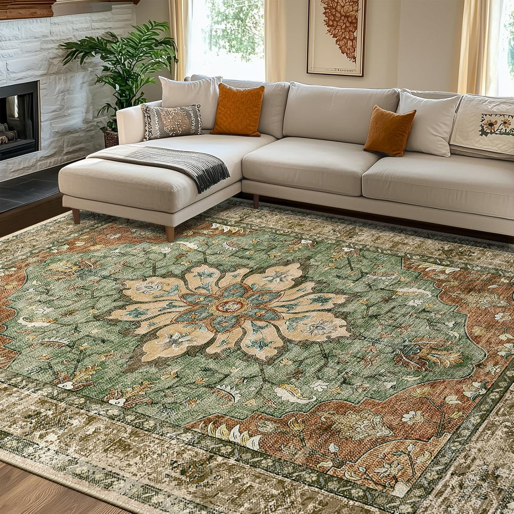 8x10 Area Rugs 8'x10' Washable Non-Slip, Floral Vintage Distress Medallion Carpet for Living Room Bedroom Dining Room