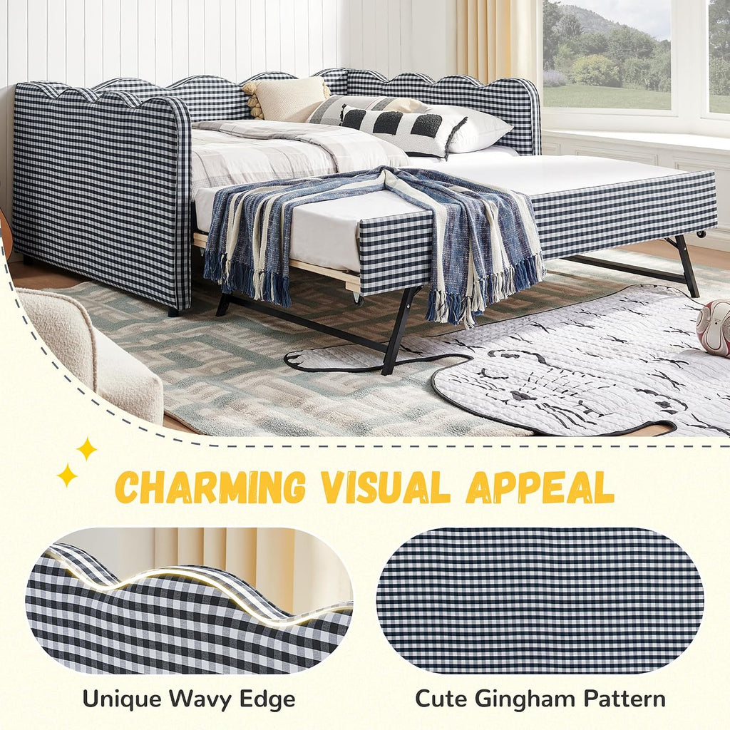 Full Size Gingham Daybed with Trundle and USB Ports | Upholstered Daybed Living Room Guest Room-Navy