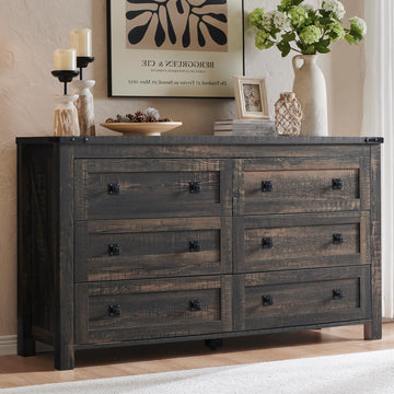 54" Wide Farmhouse 6-Drawer, Dark Rustic Oak