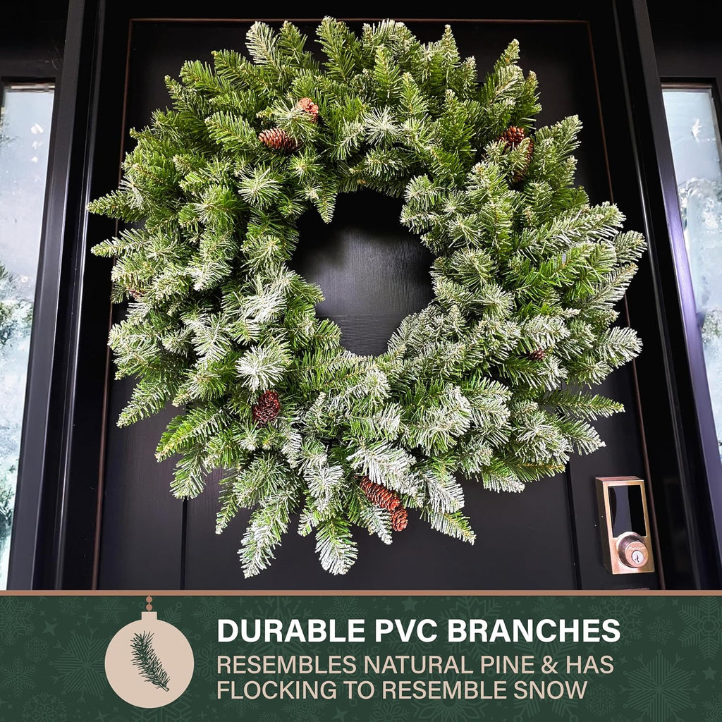 36" Frosted Pine Wreath Door Hanging with Pinecones, No Lights, FFWRA036-0SN, Snow
