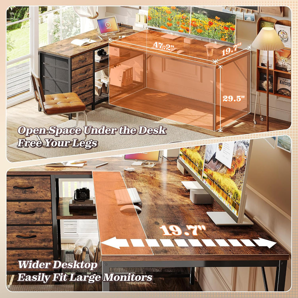 61" L Shaped Desk with Power Outlets & 4 Drawers | Reversible Computer Desk with 2 Storage Shelves, Large Corner
