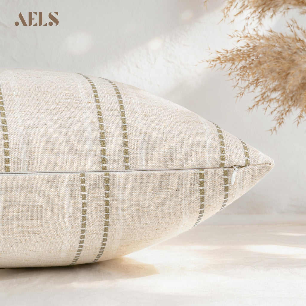 24x24 Decorative Farmhouse Linen Throw Pillow Covers, Boho Textured Pillow Case, Set of 2, Beige with White & Navy