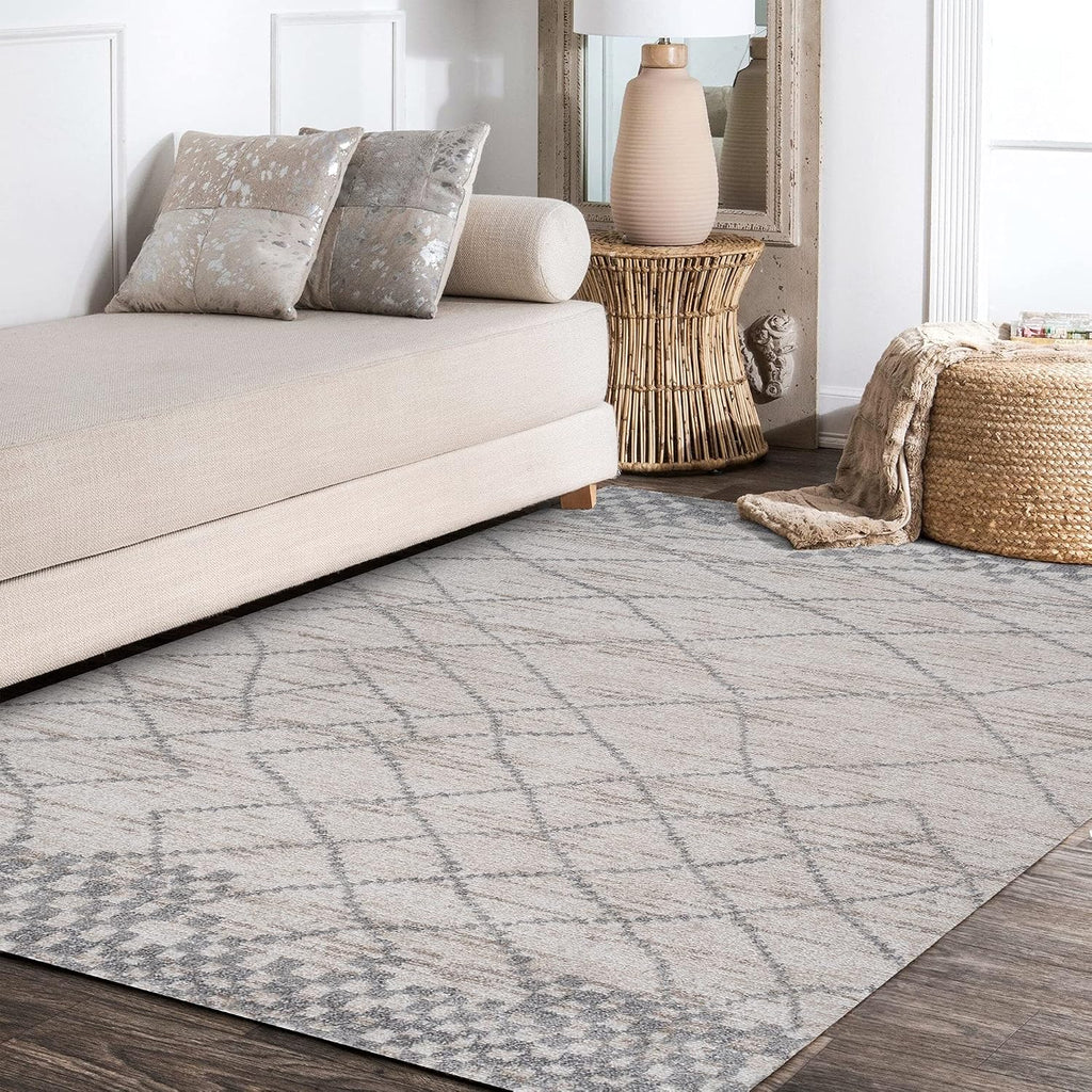 Asilah Diamond Light Gray Indoor Area Rug, Moroccan Modern, Bohemian, Casual, Easy-Cleaning, Pet Friendly