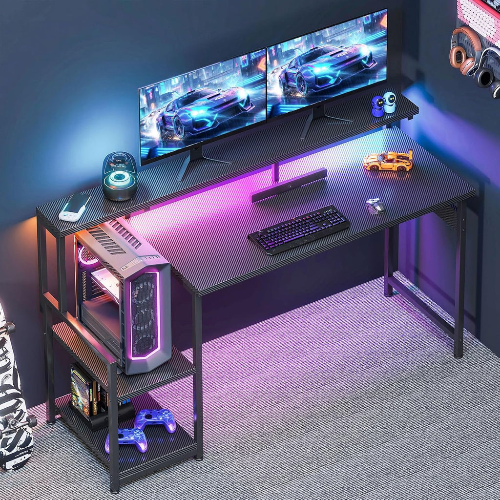 55 Inch Gaming Desk with LED Lights & CPU Stand, Carbon Fiber Black | Computer Desk with Storage Shelves, Reversible